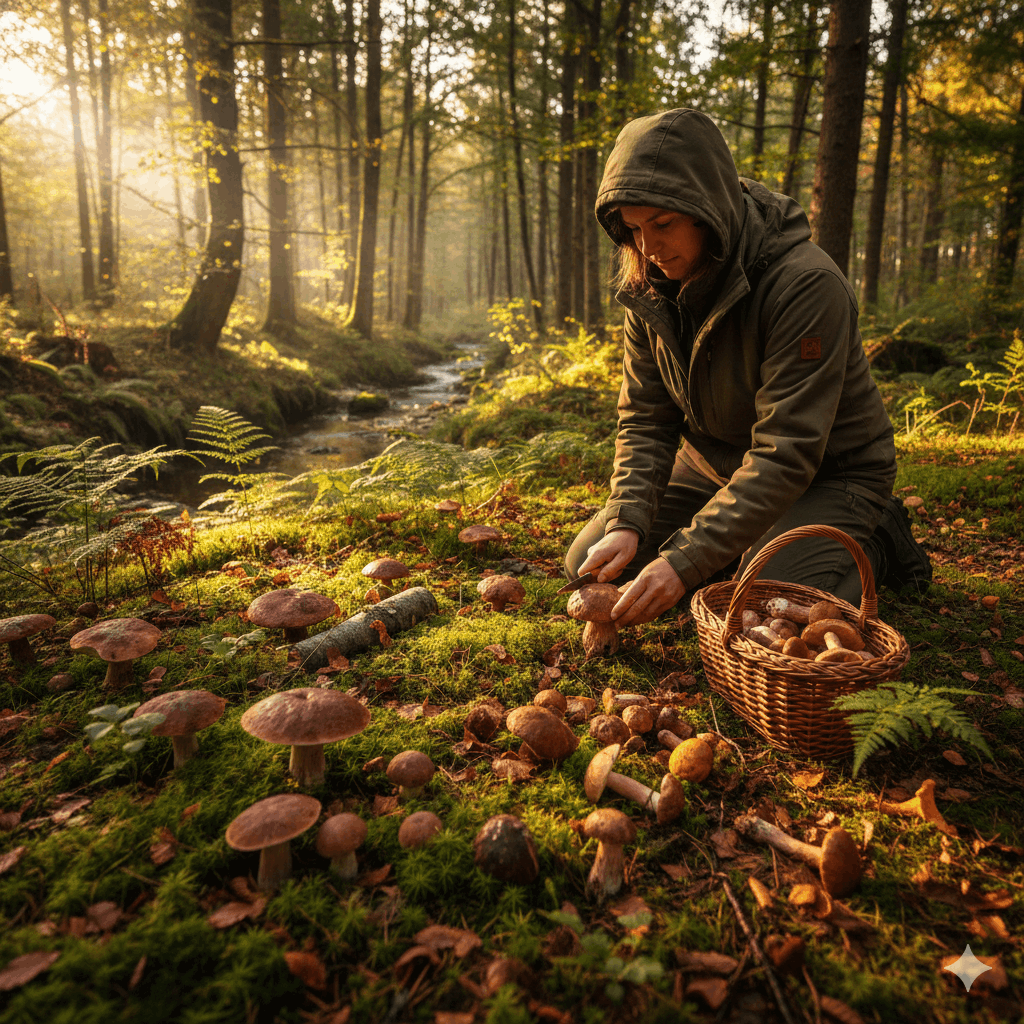 Frau sammelt Pilze im Wald Sonnenschein Pilzrezepte Sidebar