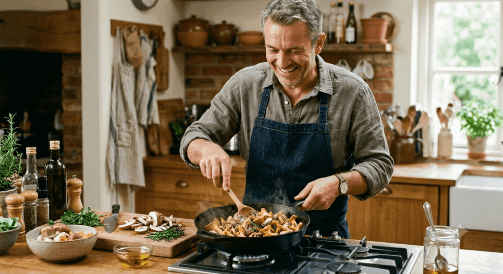 glücklicher Mann kocht Pilze pilzrezepte.ch Sidebar